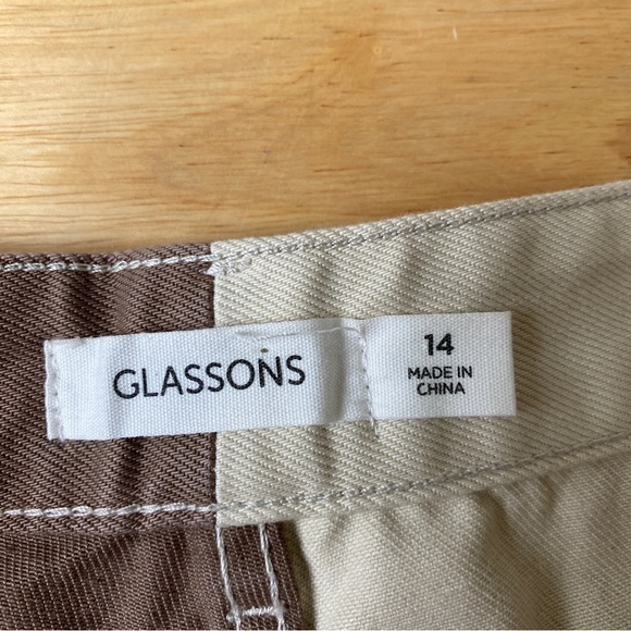 GLASSONS Brown Cream Two Tone Super High Waist Straight Leg Raw Hem Jeans Sz 14 - Picture 3 of 10